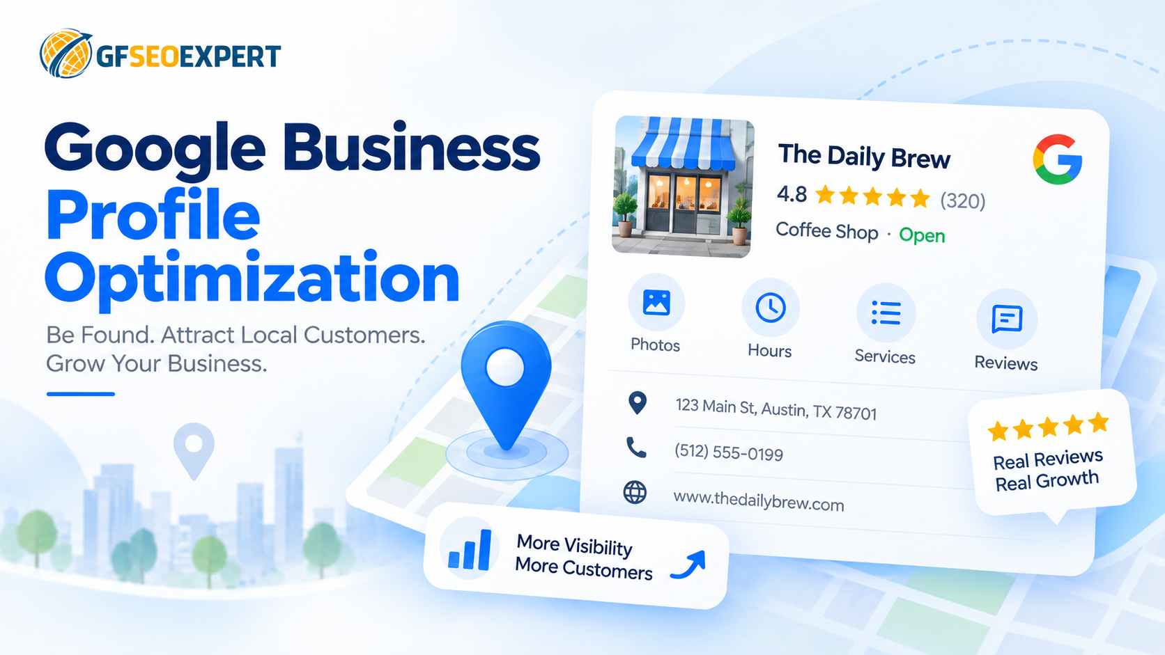 Google Business Profile optimization supports local visibility and customer actions. Profile details shown are illustrative.