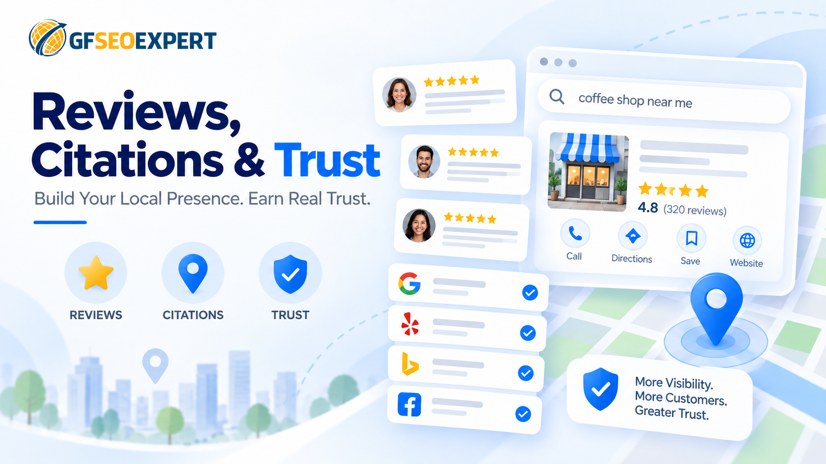Reviews, citations, and trust signals strengthen a local business presence. Ratings shown are illustrative.